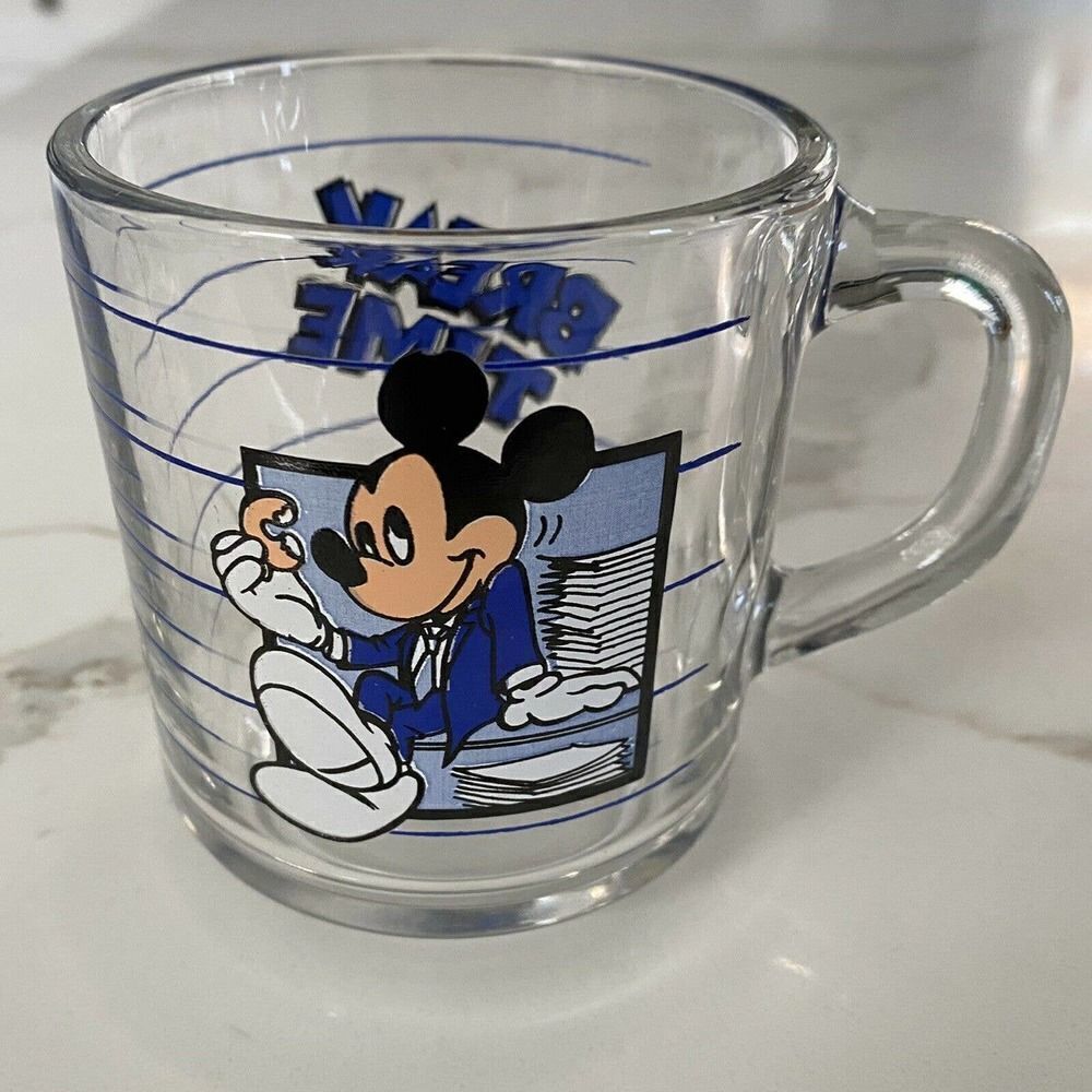 Vintage Walt Disney Mickey‎ Mouse Mug Break Time Clear Glass Cup 80s